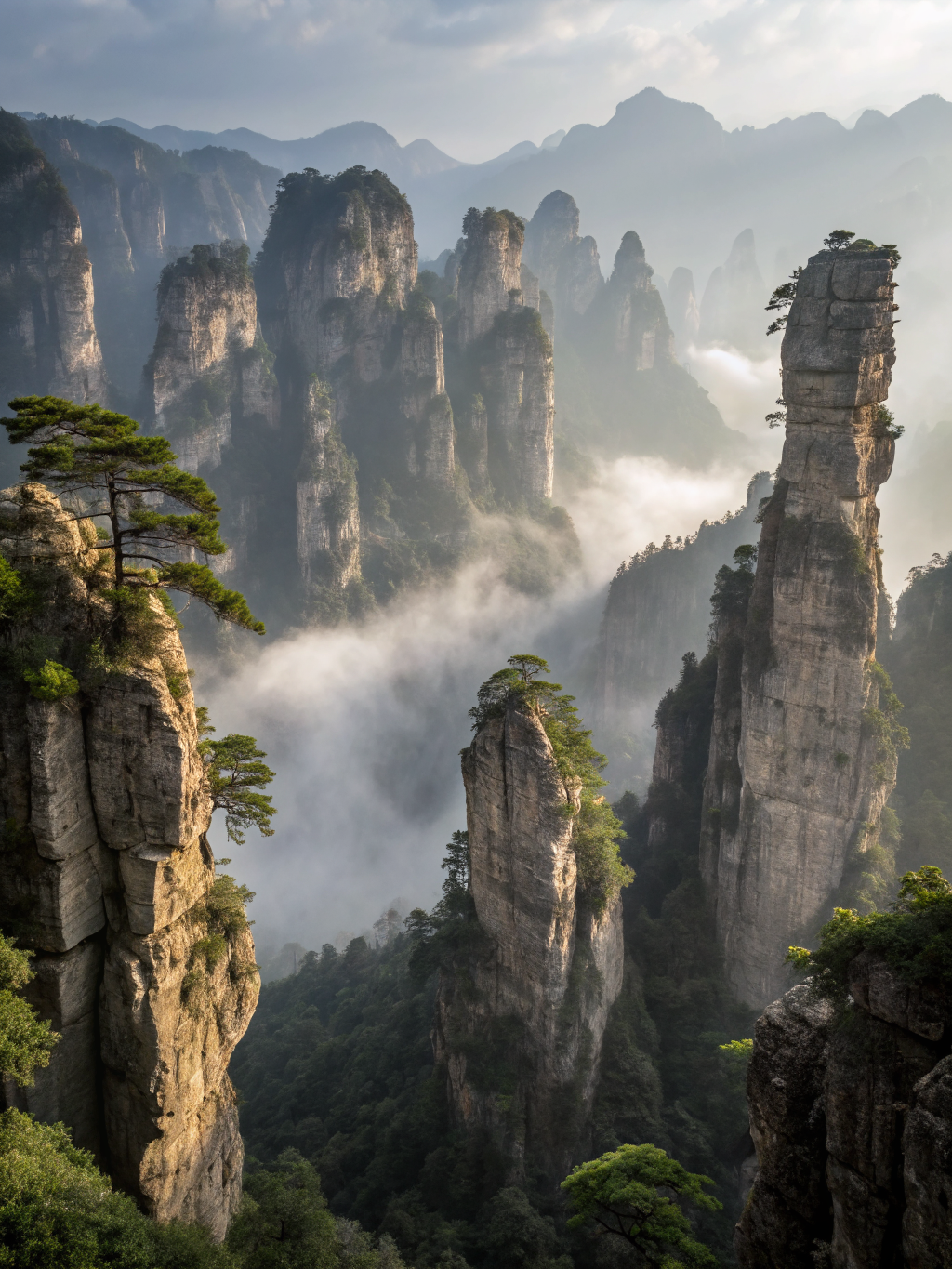 Granite Spires in Mist Poster — Mystical Mountain Art Print